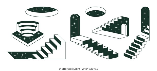 Monochrome surreal ladders. Abstract geometric stairs, minimal outline staircases flat vector illustration set. Surreal ladders collection