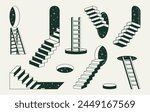 Monochrome surreal stairs. Geometric abstract ladders, minimal design staircases flat vector illustration set. Outline stairway elements collection