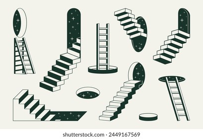 Escaleras surrealistas monocromas. Escaleras abstractas geométricas, escalera de diseño mínimo conjunto de Ilustración vectorial plana. Contorno de escalera Elementos colección