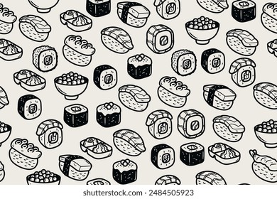 Monochrome sushi pattern. Vector and seamless pattern with Azat cuisine of fish and rice. Sushi pattern black and white.