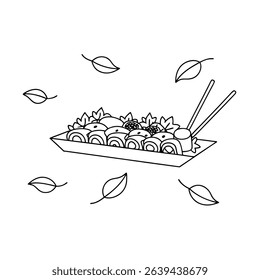 Monochrome sushi rolls with floating leaves and chopsticks on a minimalist tray