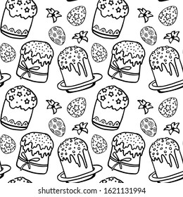 Monochrome sweet bread painted eggs with hyacinth flower petals and cross bun outline paschal celebration holiday kulich wrapping paper white isolated stock vector illustration 