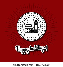Monochrome Symbol of Christmas, Round Icon with Snow Globe and House. Black and White Circle with Snowflakes, Silhouette, Dots. Tag for Gifts, Postcards. Design with Rays and Radiance