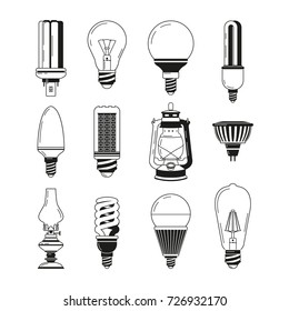 Monochrome symbols of light. Different bulbs in vector style. Black lamp and lightbulb, oil and electric illuminate lamp. Vector illustration