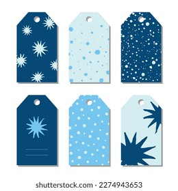 Monochrome tag set with snowfall and snowflake.