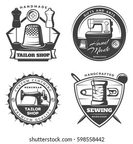 Monochrome tailor emblems set with sewing machine equipment and tools in vintage style isolated vector illustration