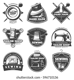Monochrome tailor labels collection with equipment tools and accesories in vintage style isolated vector illustration