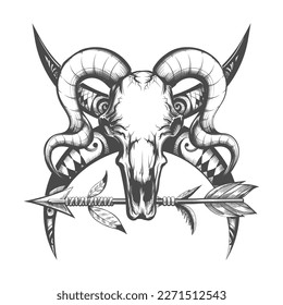 Monochrome Tattoo of Bull Skull and Indian Arrow isolated on white. Vector illustration.