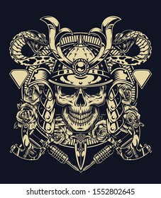 Monochrome tattoo concept with skull in samurai helmet snakes dagger roses tattoo machines in vintage style isolated vector illustration