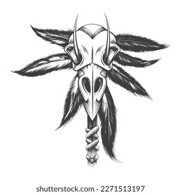 Monochrome Tattoo of Raven Skull Totem Tribal Symbol isolated on white. Vector illustration.