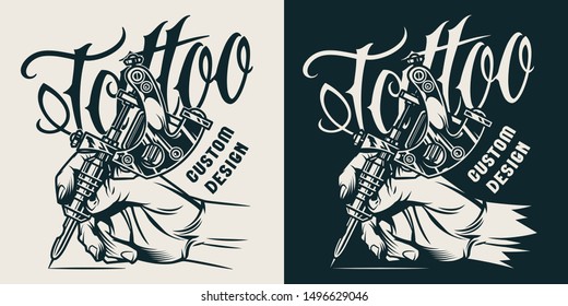 Monochrome tattoo studio print with tattooist hand holding tattoo machine in vintage style isolated vector illustration