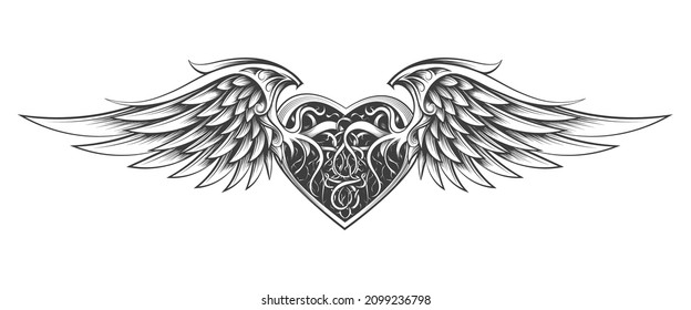 Monochrome Tattoo of Winged Heart Drawn in engraving style isolated on white. Vector illustration.