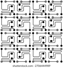 Patrón geométrico sin costuras de tecnología monocromática. Círculo negro y líneas. Azulejo cuadrado de mosaico. Fondo blanco y negro de textura complicada. Ornamento estricto claro