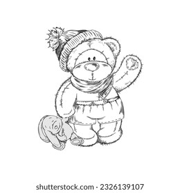 Monochrome teddy bear waving, hand drawn sketch vector illustration isolated on white background. Vintage stuffed animal toy drawing with engraving texture. Cute teddy bear.