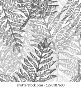 Monochrome tender dark and light gray tropical leaves seamless pattern. Trendy abstract vector texture with exotic fern leaves for textile, wrapping paper, surface, cover, web design, background