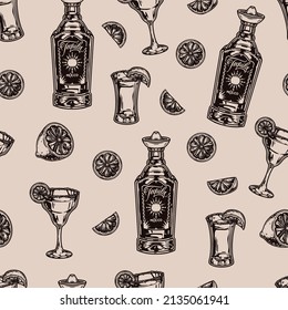 Monochrome tequila vintage seamless pattern with alcohol bottle, margarita glass with lime slice and salt on rim, tequila shot and lime parts, vector illustration