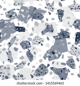 Monochrome terrazzo seamless pattern design. Natural stone, granite, quartz shapes. Modern collage. Rock backdrop textured. Marble wallpaper on white background. Vector illustration