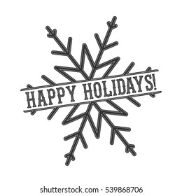 Monochrome text Happy Holidays for greeting card, flyer, poster logo with text lettering in snowflake. Isolated on white. Vector illustration.