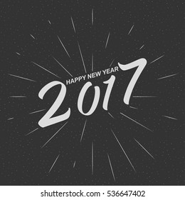 Monochrome text Happy New Year 2017 for greeting card, flyer, poster logo with text lettering, light rays of burst. Vector illustration.
