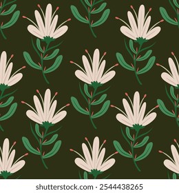 monochrome textile design solid abstract bright hibiscus flowers with stalk leaves, all-over seamless pattern 