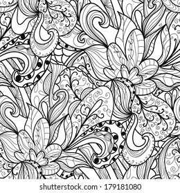 monochrome texture with abstract hand-drawn elements. Endless floral pattern. Can be used for wallpaper, pattern, backdrop, surface textures. monochrome color seamless floral background