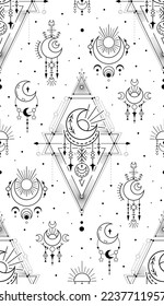 Monochrome texture with black contour occult symbols with stars and crescent on white background. Vector mystical luxury geometric pattern. Sacral outline background for wrapping paper