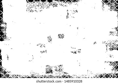 Monochrome texture composed of irregular graphic elements. Distressed uneven grunge background. Abstract vector illustration. Overlay for interesting effect and depth. Isolated on white background.
