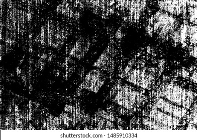Monochrome texture composed of irregular graphic elements. Distressed uneven grunge background. Abstract vector illustration. Overlay for interesting effect and depth. Isolated on white background.