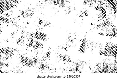 Monochrome texture composed of irregular graphic elements. Distressed uneven grunge background. Abstract vector illustration. Overlay for interesting effect and depth. Isolated on white background.