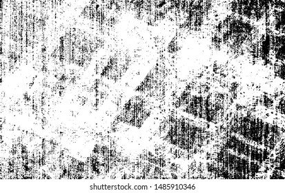 Monochrome texture composed of irregular graphic elements. Distressed uneven grunge background. Abstract vector illustration. Overlay for interesting effect and depth. Isolated on white background.