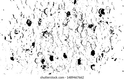 Monochrome texture composed of irregular graphic elements. Distressed uneven grunge background. Abstract vector illustration. Overlay for interesting effect and depth. Isolated on white background.