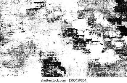 Monochrome texture composed of irregular graphic elements. Distressed uneven grunge background. Abstract vector illustration. Overlay for interesting effect and depth. Isolated on white background.