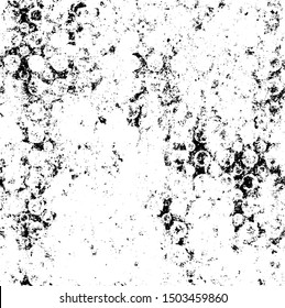 Monochrome texture composed of irregular graphic elements. Distressed uneven grunge background. Abstract vector illustration. Overlay for interesting effect and depth. Isolated on white background.