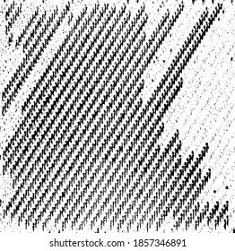 Monochrome texture composed of irregular graphic elements. Distressed uneven grunge background. Abstract vector illustration. Overlay for interesting effect and depth. Isolated on white background.