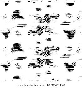 Monochrome texture composed of irregular graphic elements. Distressed uneven grunge background. Abstract vector illustration. Overlay for interesting effect and depth. Isolated on white background.