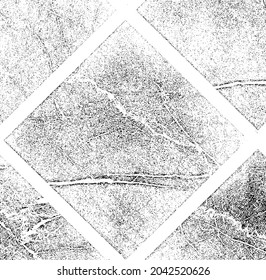 Monochrome texture composed of irregular graphic elements. Distressed uneven grunge background. Abstract vector illustration. Overlay for interesting effect and depth. Isolated on white background