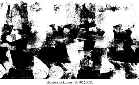 Monochrome texture composed of irregular graphic elements. Distressed uneven grunge background. Abstract vector illustration. Overlay for interesting effect and depth. Isolated on white background.