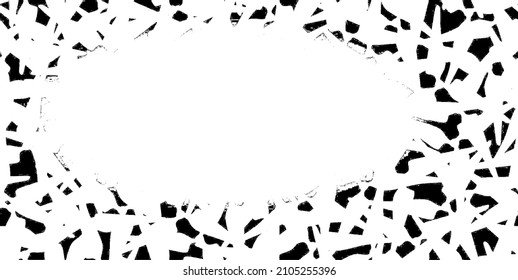 Monochrome texture composed of irregular graphic elements. Distressed uneven grunge background. Abstract vector illustration. Overlay for interesting effect and depth. Isolated on white background.
