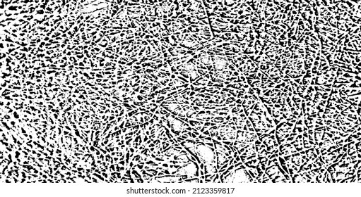 Monochrome texture composed of irregular graphic elements. Distressed uneven grunge background. Abstract vector illustration. Overlay for interesting effect and depth. Isolated on white background.