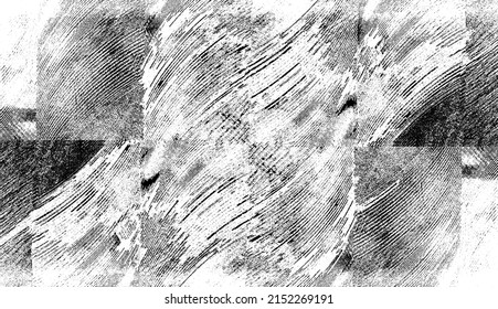 Monochrome texture composed of irregular graphic elements. Distressed uneven grunge background. Abstract vector illustration. Overlay for interesting effect and depth. Isolated on white background.