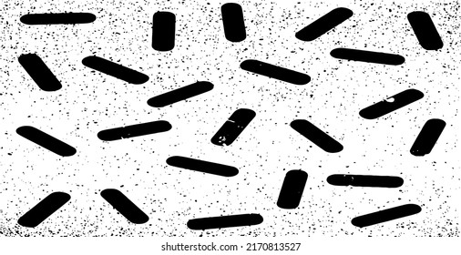 Monochrome texture composed of irregular graphic elements. Distressed uneven grunge background. Abstract vector illustration. Overlay for interesting effect and depth. Isolated on white background.