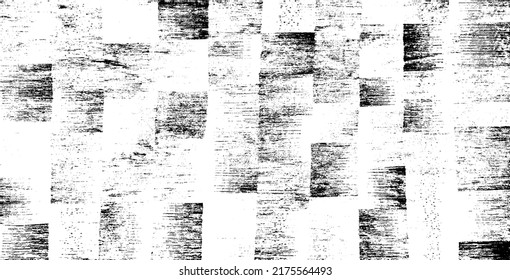 Monochrome texture composed of irregular graphic elements. Distressed uneven grunge background. Abstract vector illustration. Overlay for interesting effect and depth. Isolated on white background.