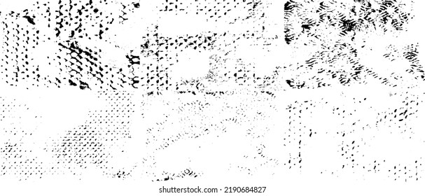 Monochrome texture composed of irregular graphic elements. Distressed uneven grunge background. Abstract vector illustration. Overlay for interesting effect and depth. Isolated on white background.