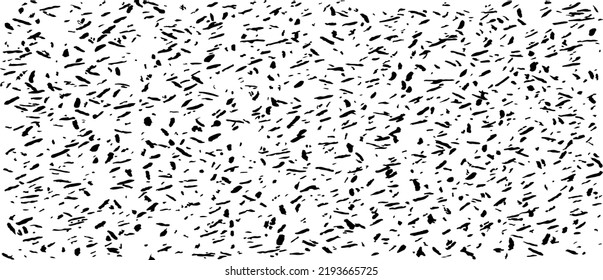 Monochrome texture composed of irregular graphic elements. Distressed uneven grunge background. Abstract vector illustration. Overlay for interesting effect and depth. Isolated on white background.