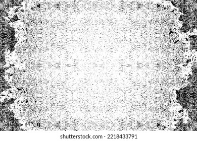 Monochrome texture composed of irregular graphic elements. Distressed uneven grunge background. Abstract vector illustration. Overlay for interesting effect and depth. Isolated on white background.