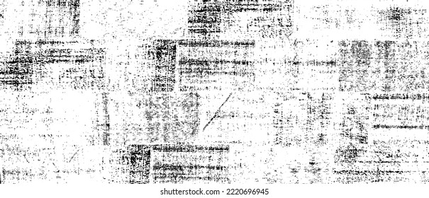 Monochrome texture composed of irregular graphic elements. Distressed uneven grunge background. Abstract vector illustration. Overlay for interesting effect and depth. Isolated on white background.