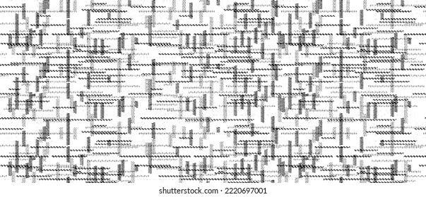 Monochrome texture composed of irregular graphic elements. Distressed uneven grunge background. Abstract vector illustration. Overlay for interesting effect and depth. Isolated on white background.