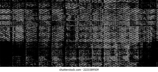 Monochrome texture composed of irregular graphic elements. Distressed uneven grunge background. Abstract vector illustration. Overlay for interesting effect and depth. Isolated on white background.