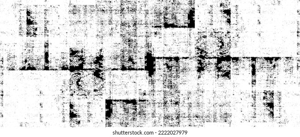 Monochrome texture composed of irregular graphic elements. Distressed uneven grunge background. Abstract vector illustration. Overlay for interesting effect and depth. Isolated on white background.