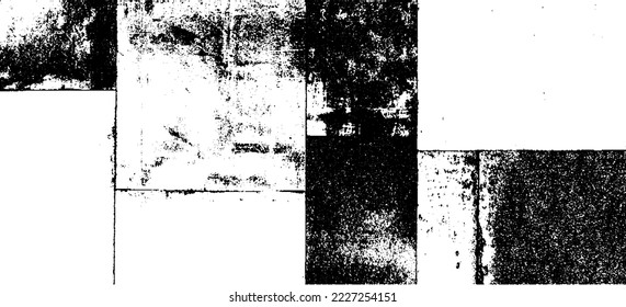 Monochrome texture composed of irregular graphic elements. Distressed uneven grunge background. Abstract vector illustration. Overlay for interesting effect and depth. Isolated on white background.
